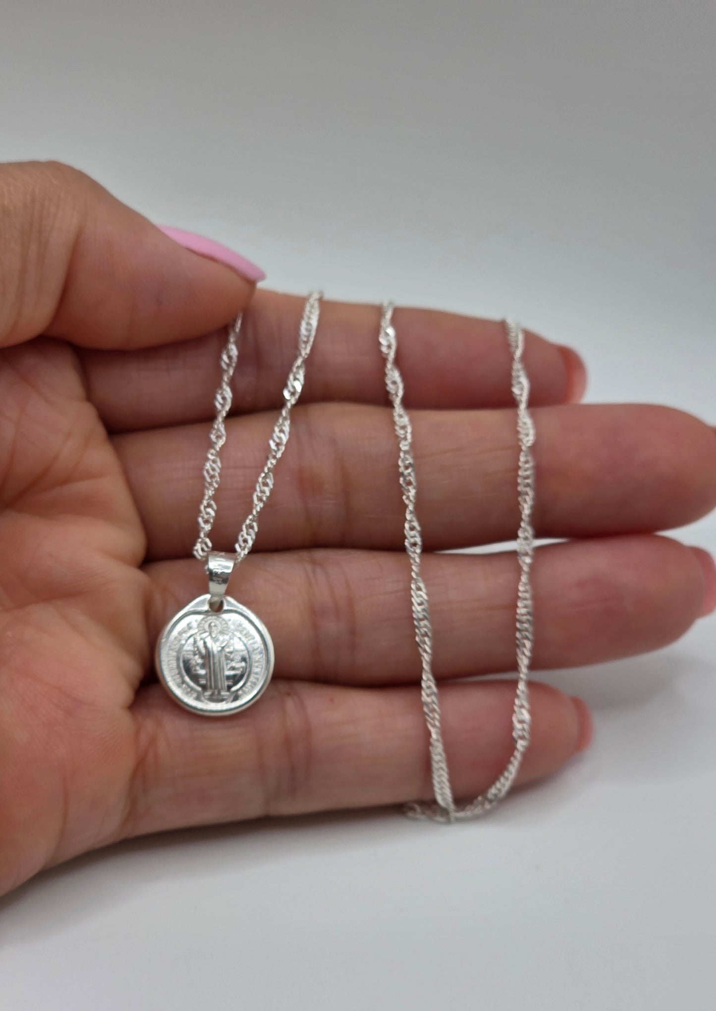 925 Sterling Silver 2mm Singapore Chain with 13mm Saint Benedict Pendant