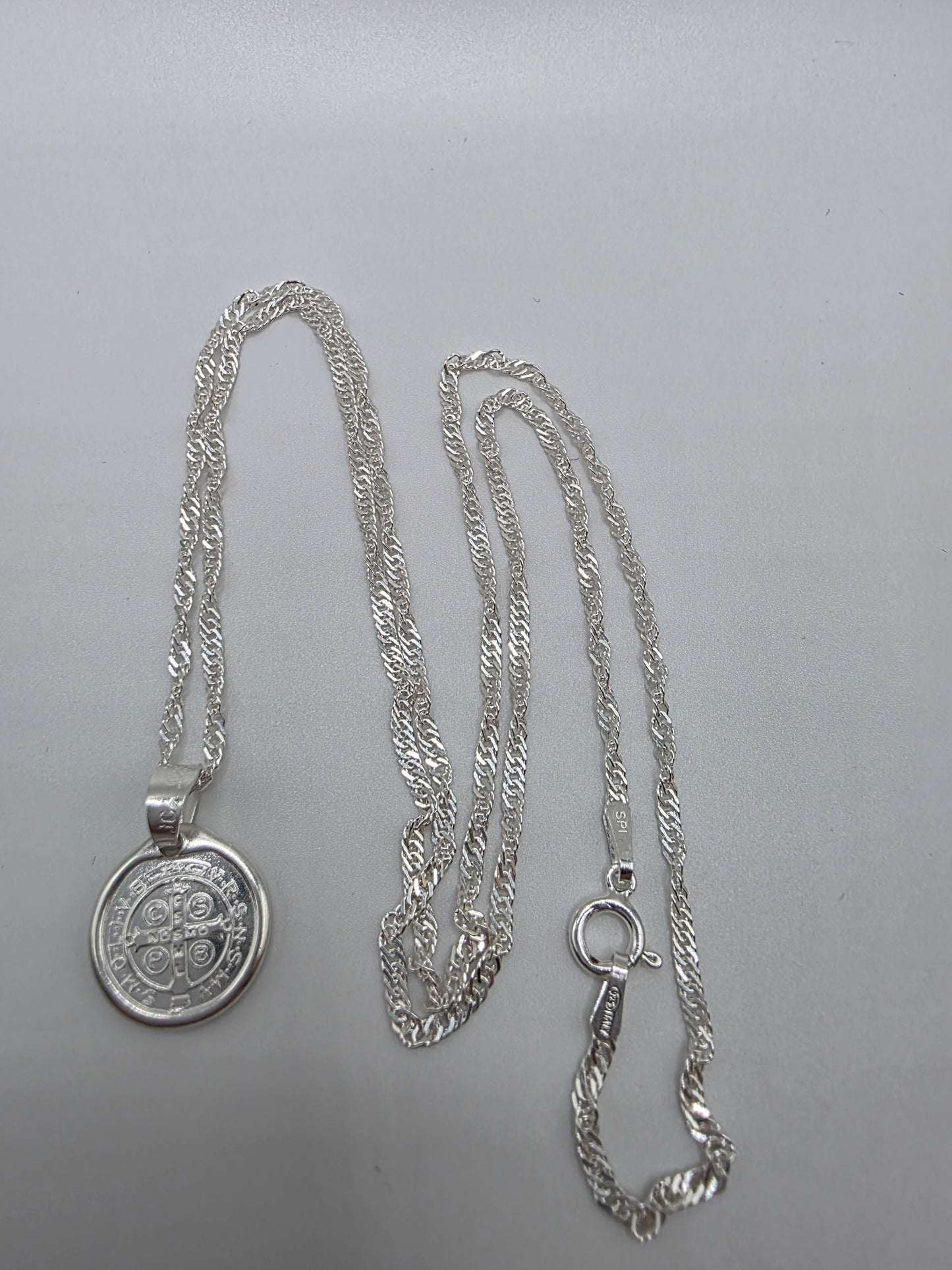 925 Sterling Silver 2mm Singapore Chain with 13mm Saint Benedict Pendant