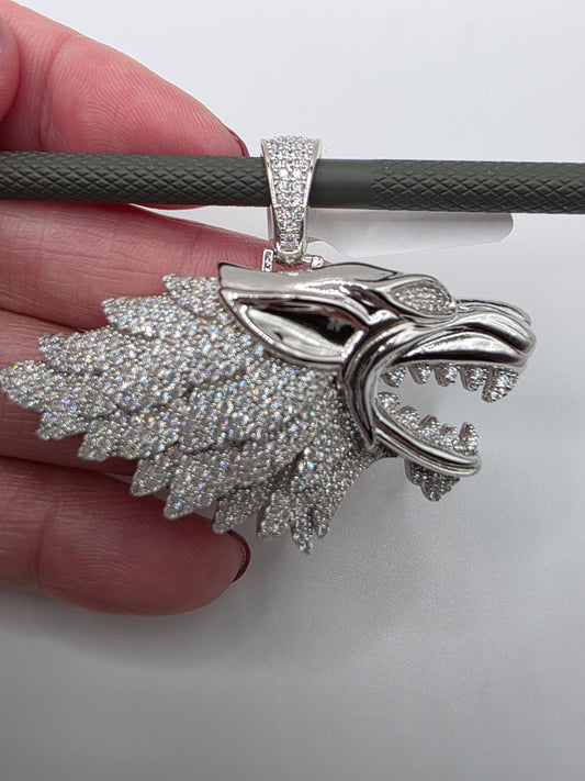 Rhodium Plated 925 Sterling Silver CZ Wolf Hip Hop Pendant