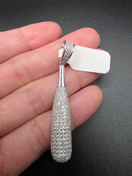 Rhodium Plated 925 Sterling Silver CZ Baseball Bat Hip Hop Pendant