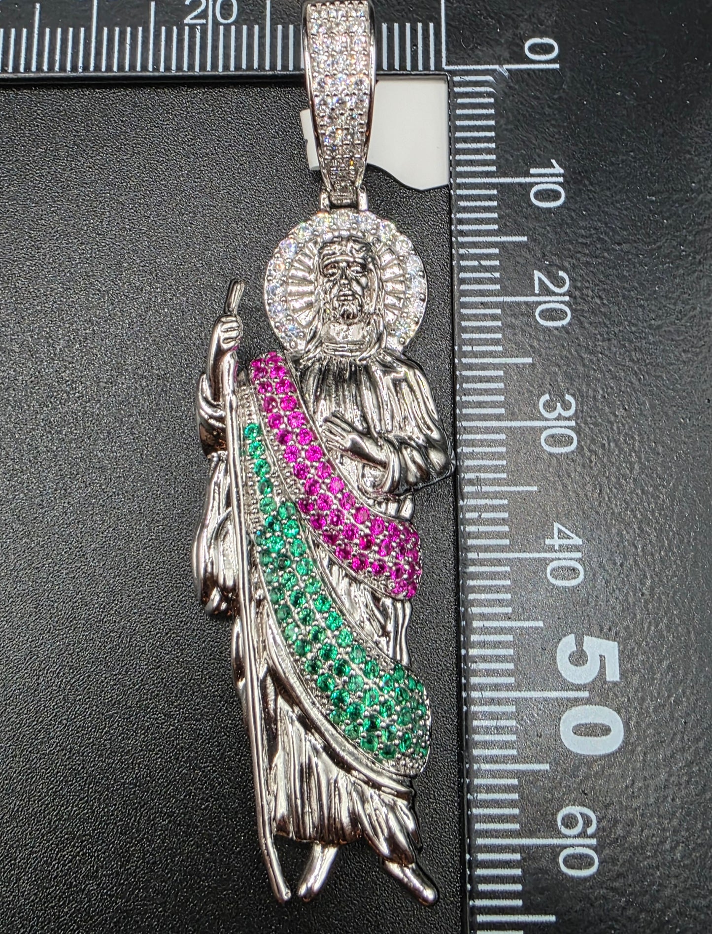 925 Sterling Silver Multi Color CZ St Jude Hip Hop Pendant