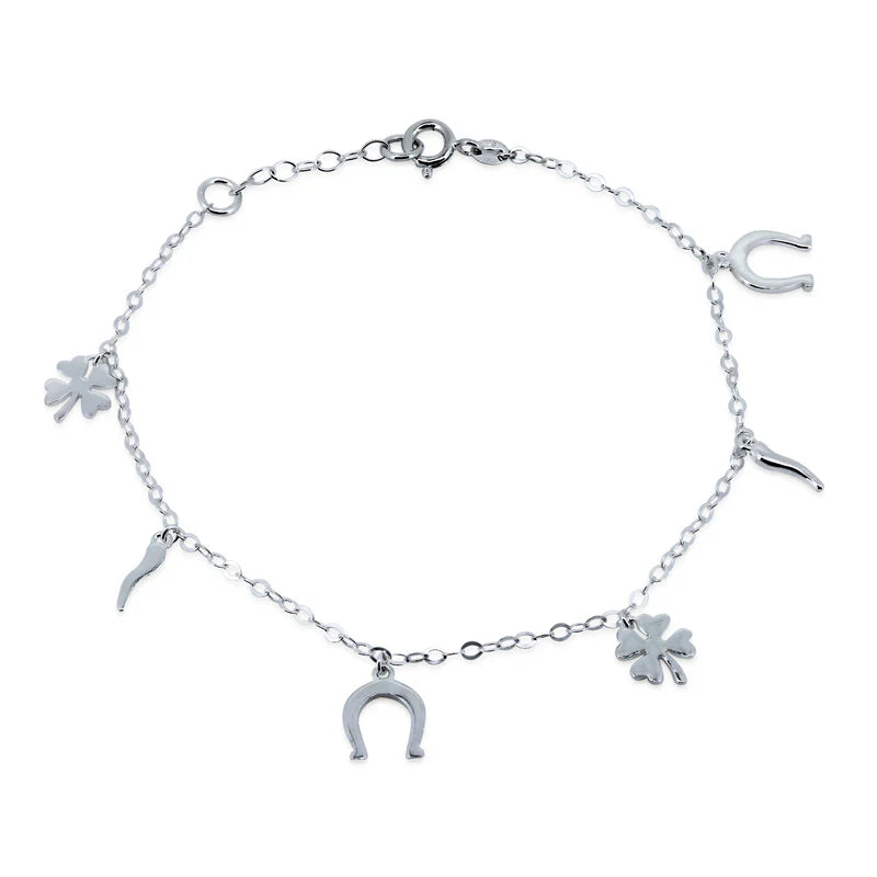 925 Sterling Silver High Polished Lucky Charms Link Anklets