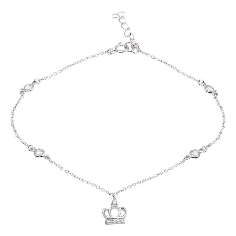 925 Sterling Silver CZ Link Crown Charm Anklet
