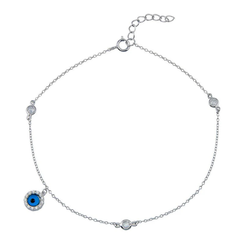925 Sterling Silver Evil Eye CZ Link Anklet