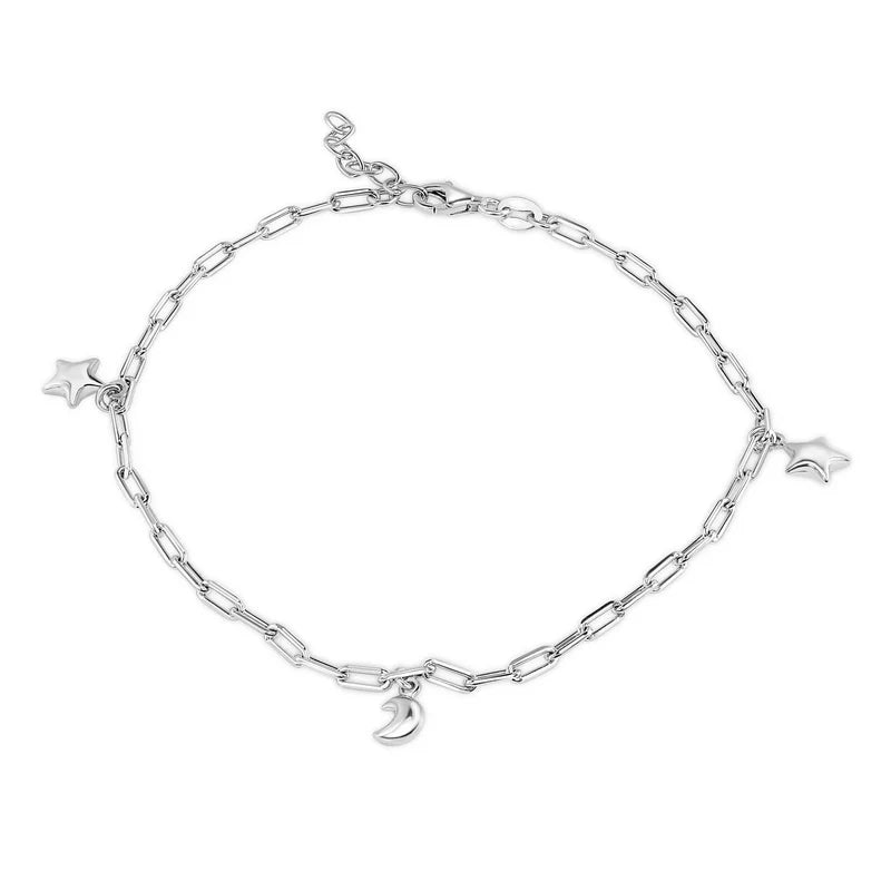 925 Sterling Silver Paperclip Chain Stars and Moon Charm Adjustable Anklet