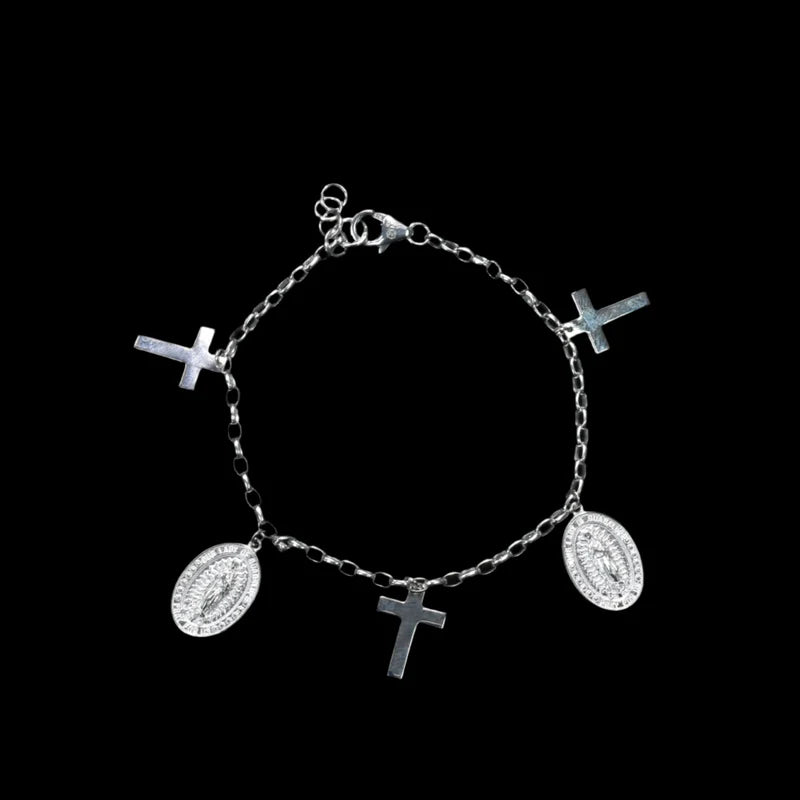 High Polished 925 Sterling Silver Guadalupe and Cross Adjustable Bracelet