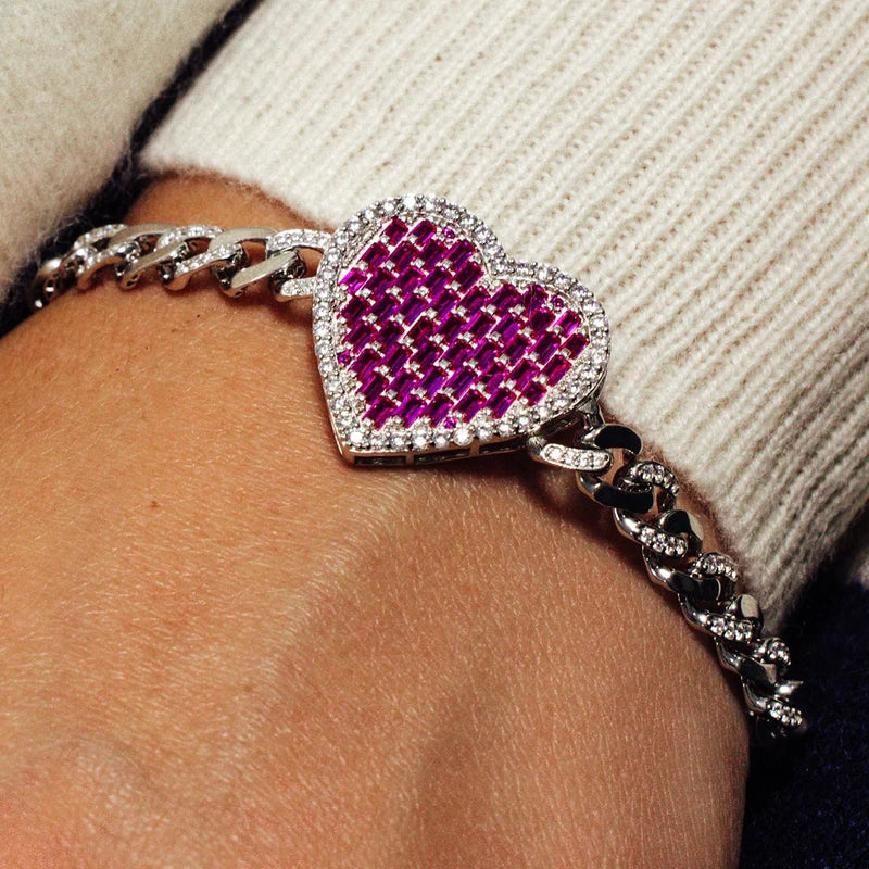 6.4MM 925 Sterling Silver Heart Baguette Pink and Round Clear CZ Studded Bracelet