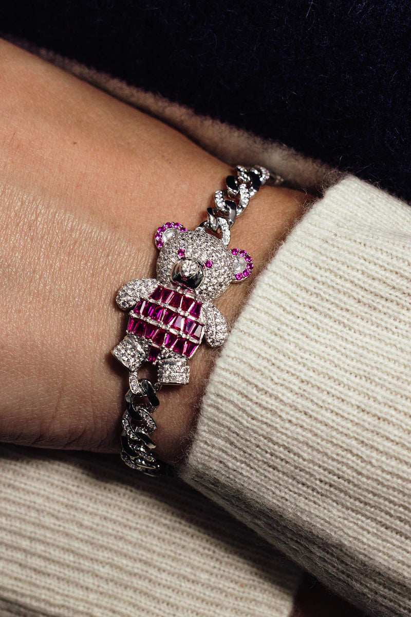 6.4MM 925 Sterling Silver Cuban Link Teddy Bear Baguette Pink and Round Clear CZ Studded Bracelet