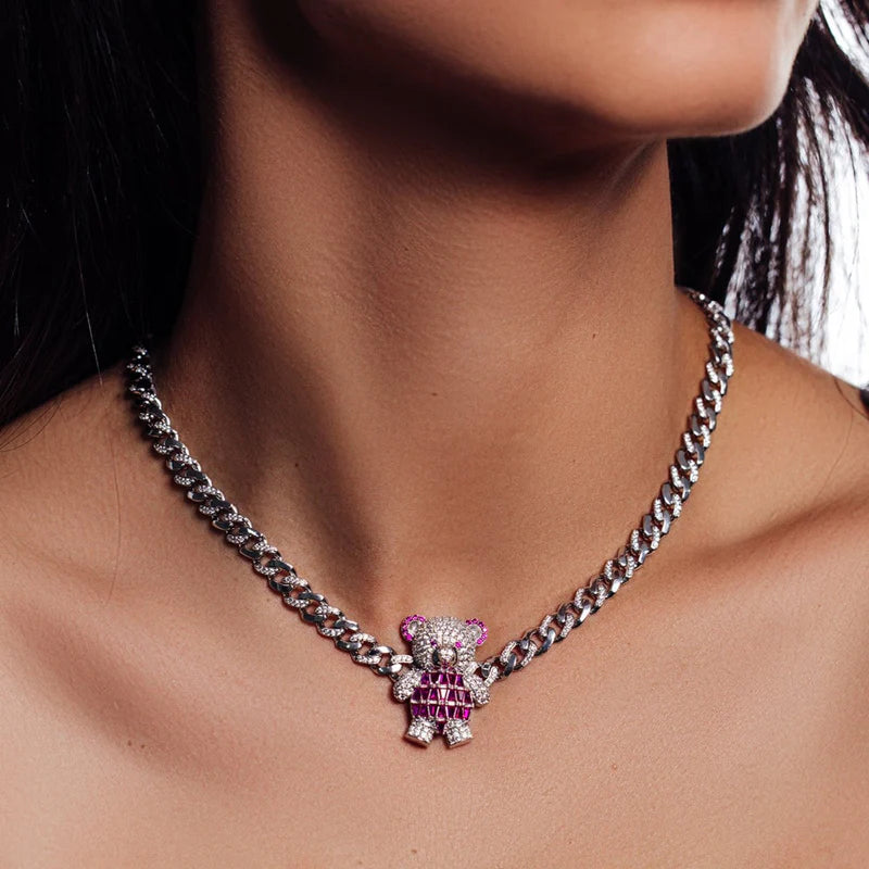 7MM 925 Sterling Silver Teddy Bear Baguette Pink and Clear CZ Encrusted Miami Cuban Link Chain