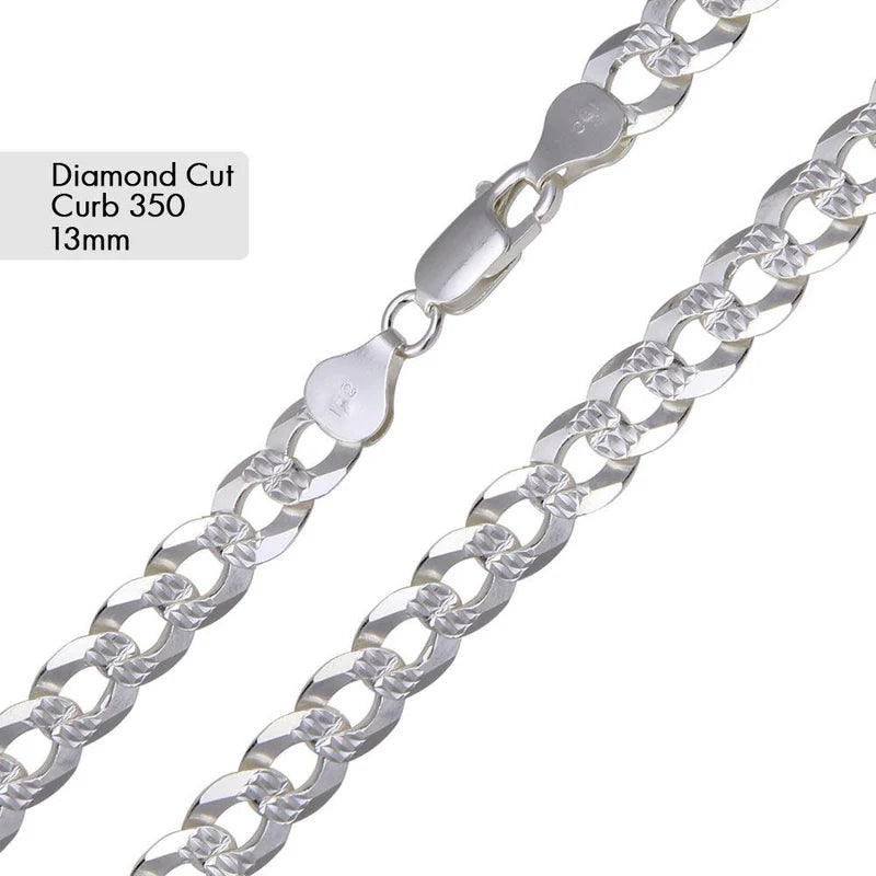 13MM 925 Sterling Silver 1 Side Diamond Cut 1 Side Plain Chain