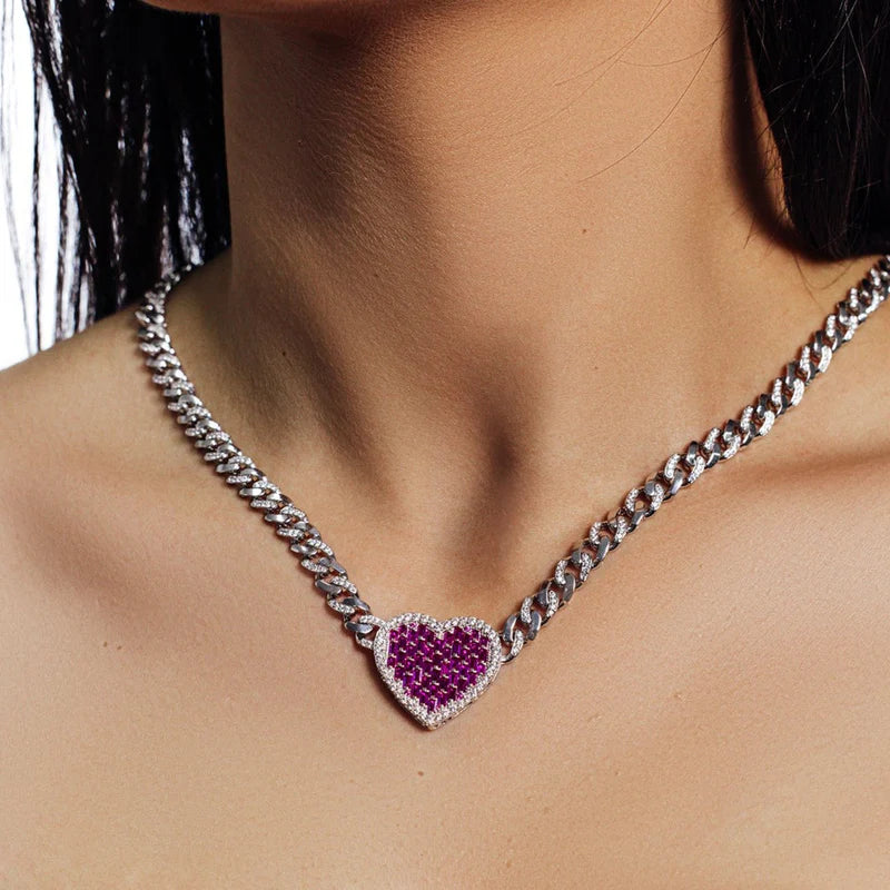 7MM 925 Sterling Silver Heart Baguette Pink and Clear CZ Encrusted Miami Cuban Link 7mm Chain
