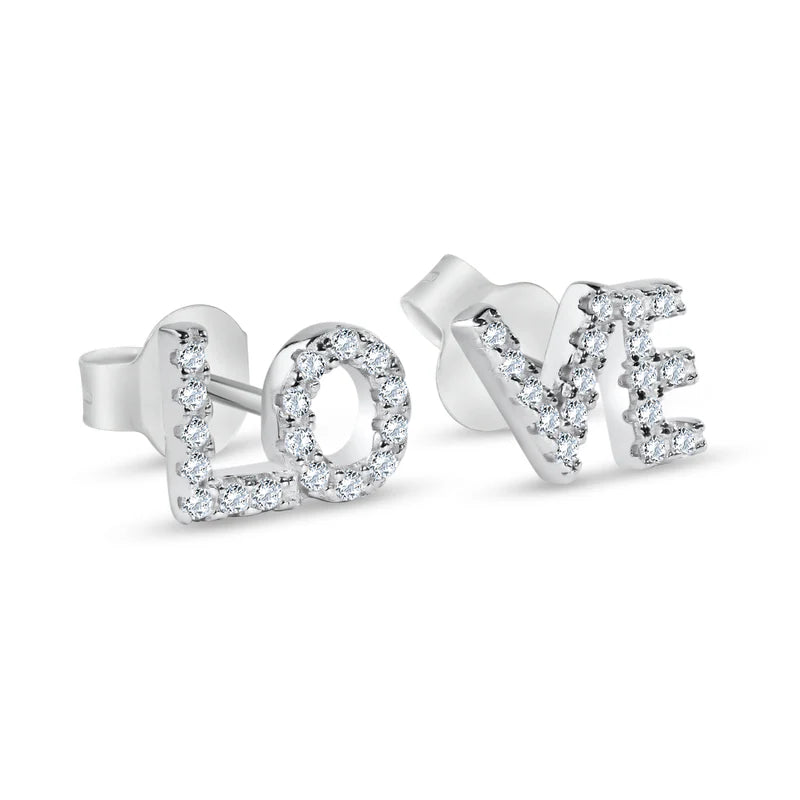 925 Sterling Silver Love Clear CZ Stud Earrings