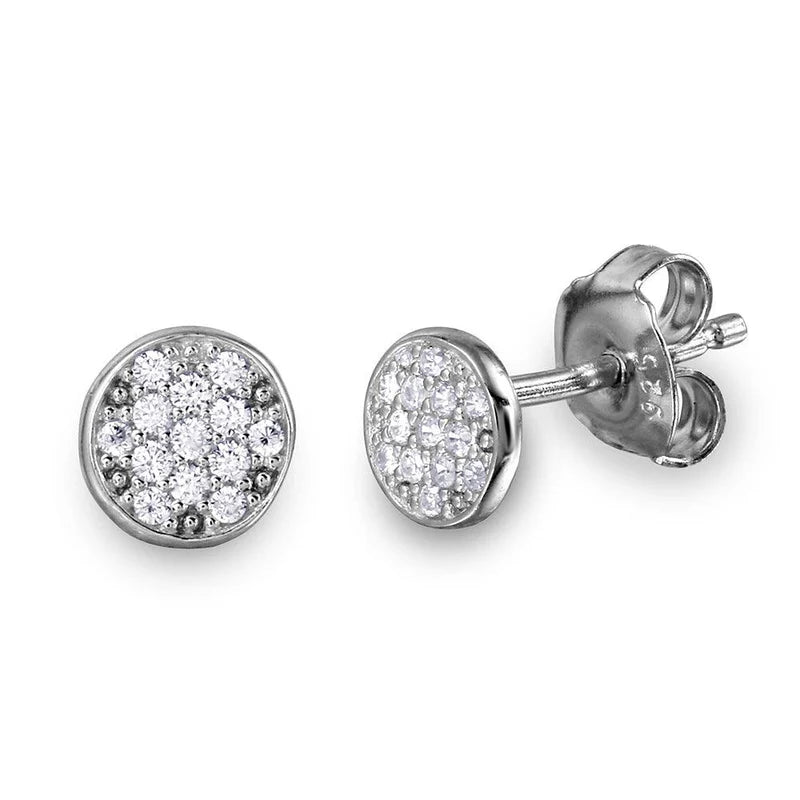 925 Sterling Silver CZ Encrusted Disc Stud Earrings