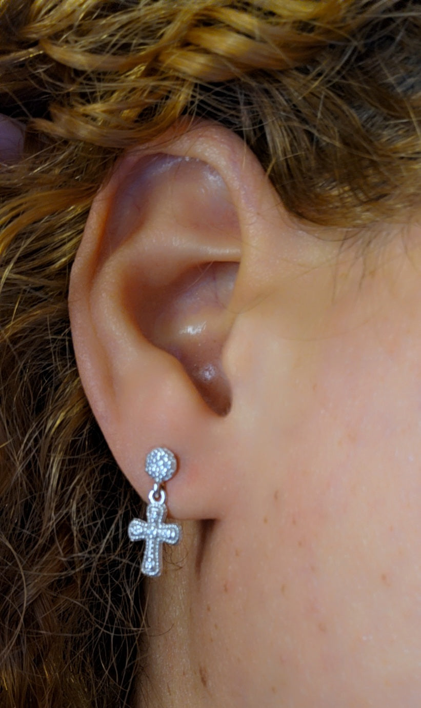 925 Sterling Silver Hanging Cross CZ Earrings