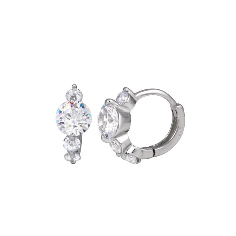 925 Sterling Silver Past Present Future CZ Huggie Hoop Earrings