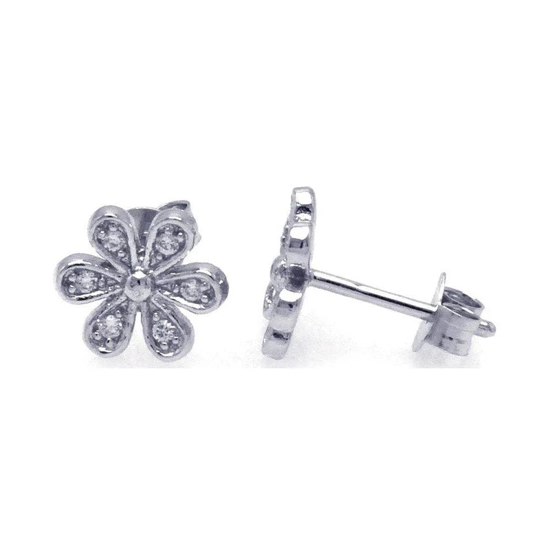 925 Sterling Silver Round Flower Clear CZ Post Earrings