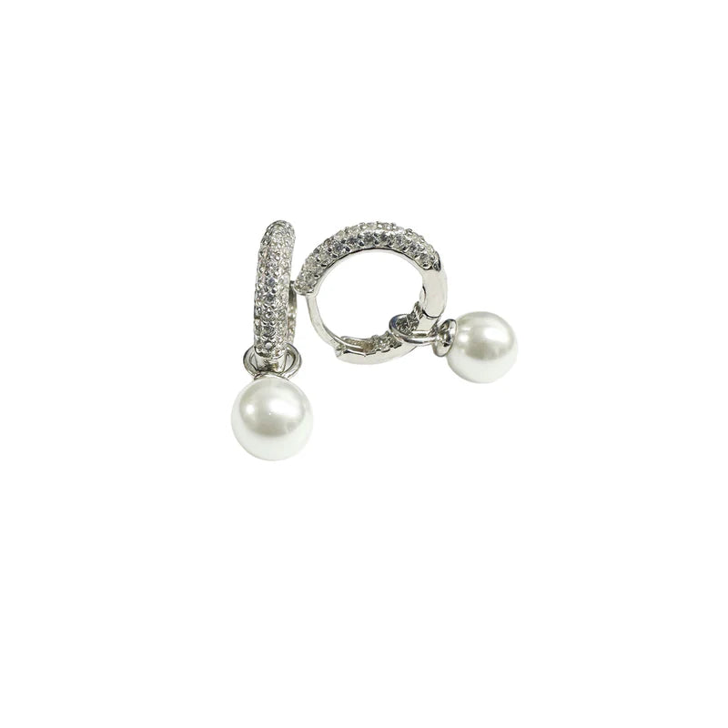 925 Sterling Silver Dangling Pearl Clear CZ Hoop Earrings