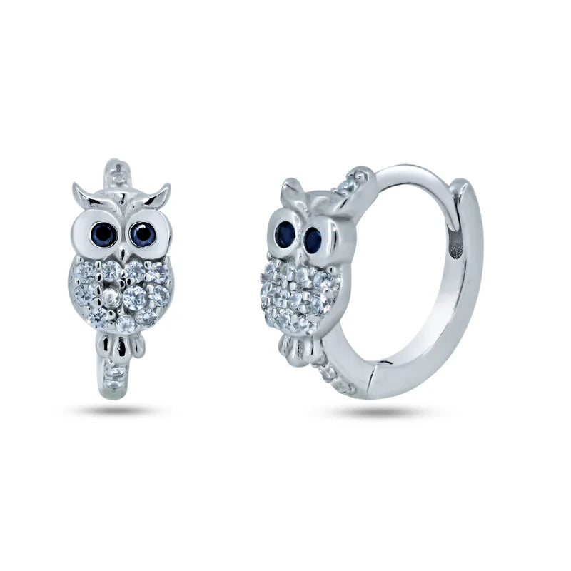 925 Sterling Silver Pave Huggie Owl Hoop Earrings