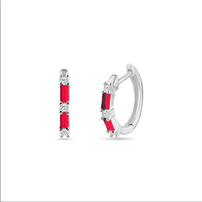 925 Sterling Silver Red CZ Huggie Hoop Earring 14mm