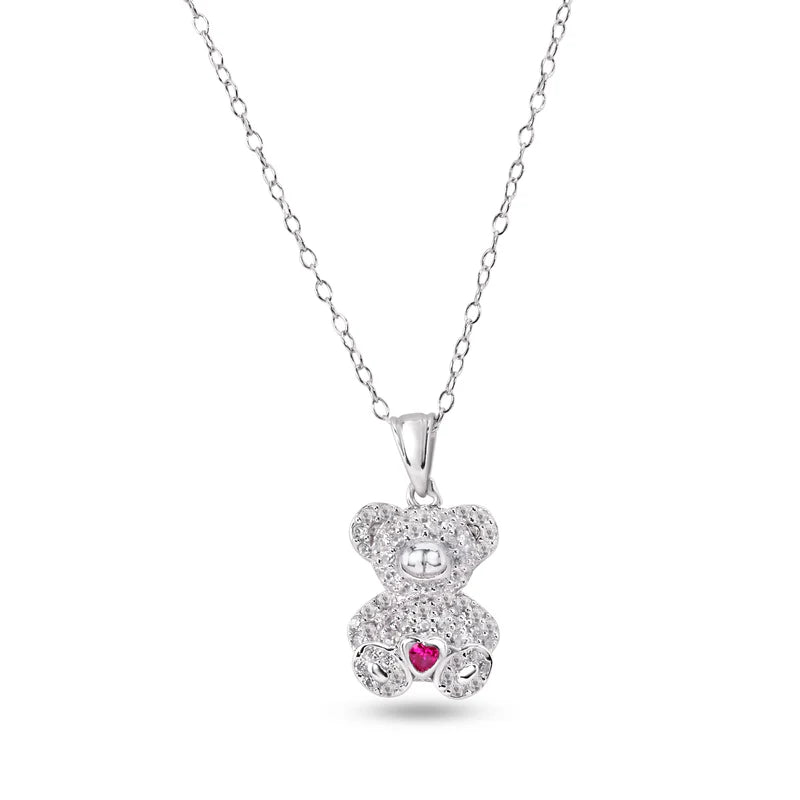 925 Sterling Silver Bear Heart Red and Clear CZ Pendant Necklace