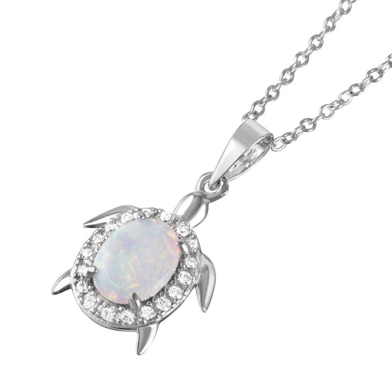 925 Sterling Silver Oval Opal Clear CZ Tiny Turtle Pendant Necklace