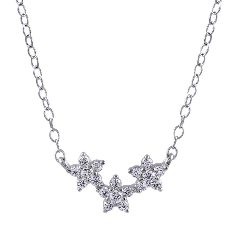925 Sterling Silver CZ Triple Flower Necklace