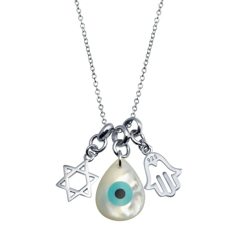 925 Sterling Silver Hamsa Hand and Evil Eye MOP Necklace