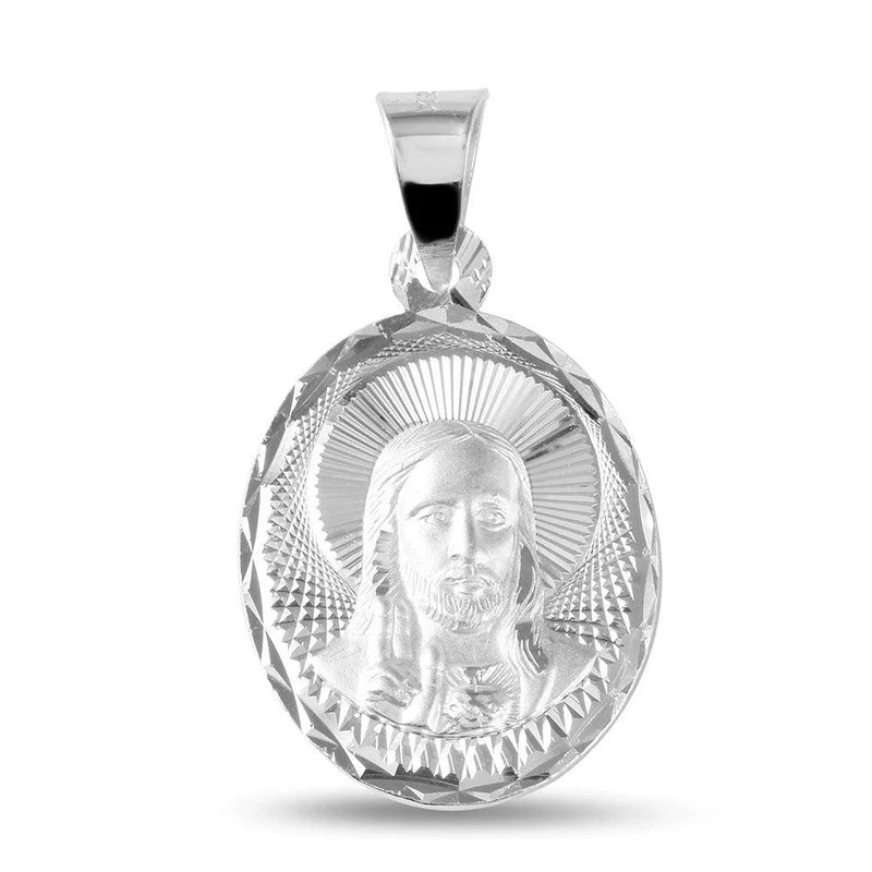 925 Sterling Silver Oval High Polished Diamond Cut Jesus Medallion