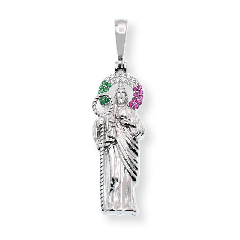 925 Sterling Silver Rhodium Plated Saint Jude Clear Green Red CZ 11.5mm x 31mm Pendant