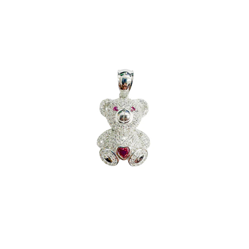 925 Sterling Silver Teddy Bear Heart Clear and Red CZ Pendant
