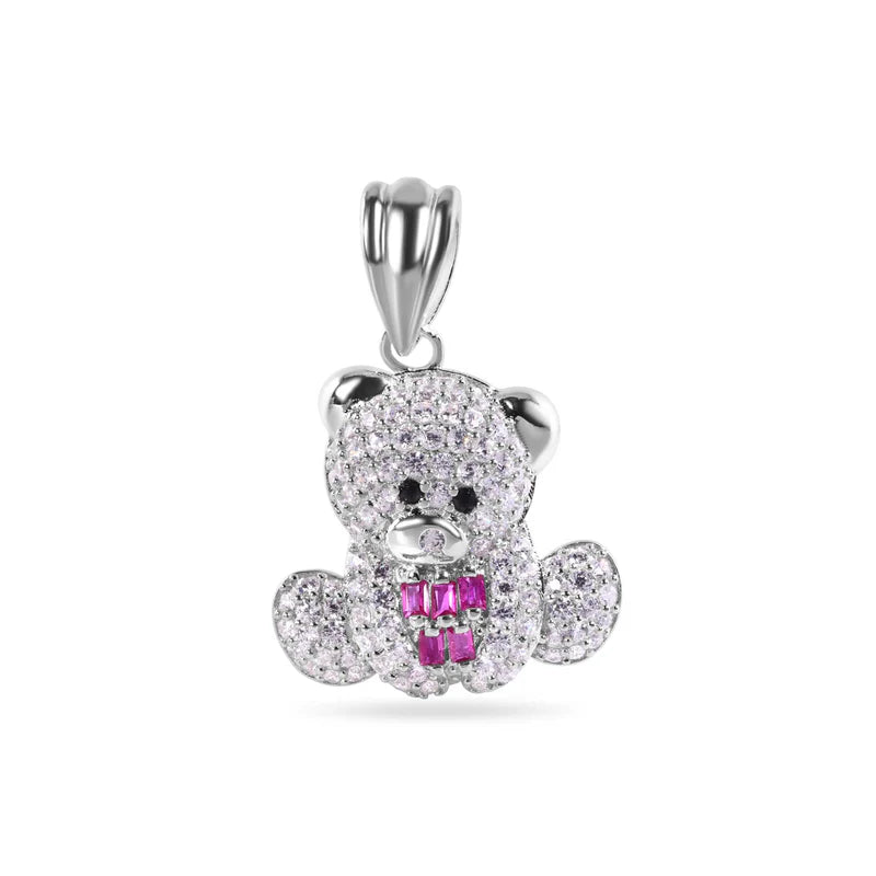925 Sterling Silver Teddy Bear Red Baguette and Clear CZ Pendant
