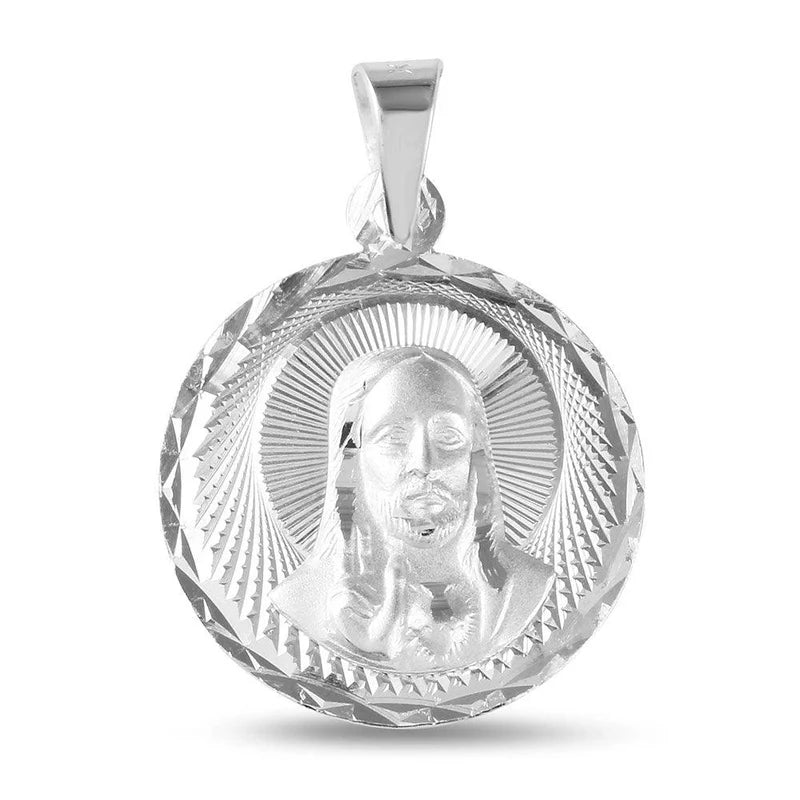 925 Sterling Silver Round High Polished Diamond Cut Jesus Medallion