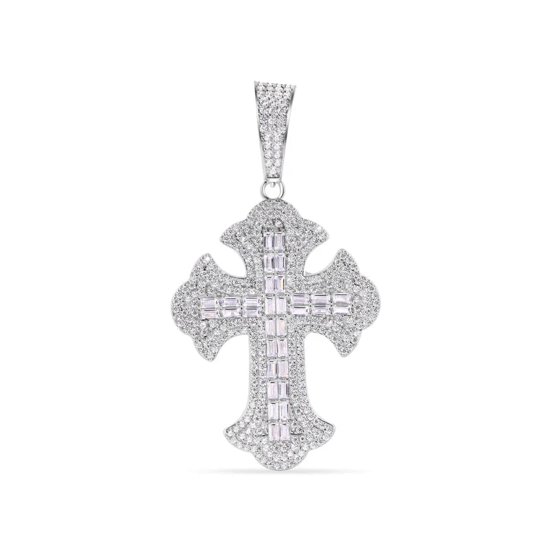 925 Sterling Silver 43.8mm Fleur De Lis Cross Baguette Cut Clear CZ Pendant