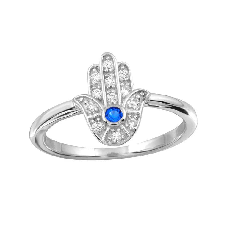 925 Sterling Silver Blue Hamsa Ring with CZ