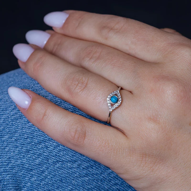 925 Sterling Silver Evil Eye CZ Ring with Turquoise Bead