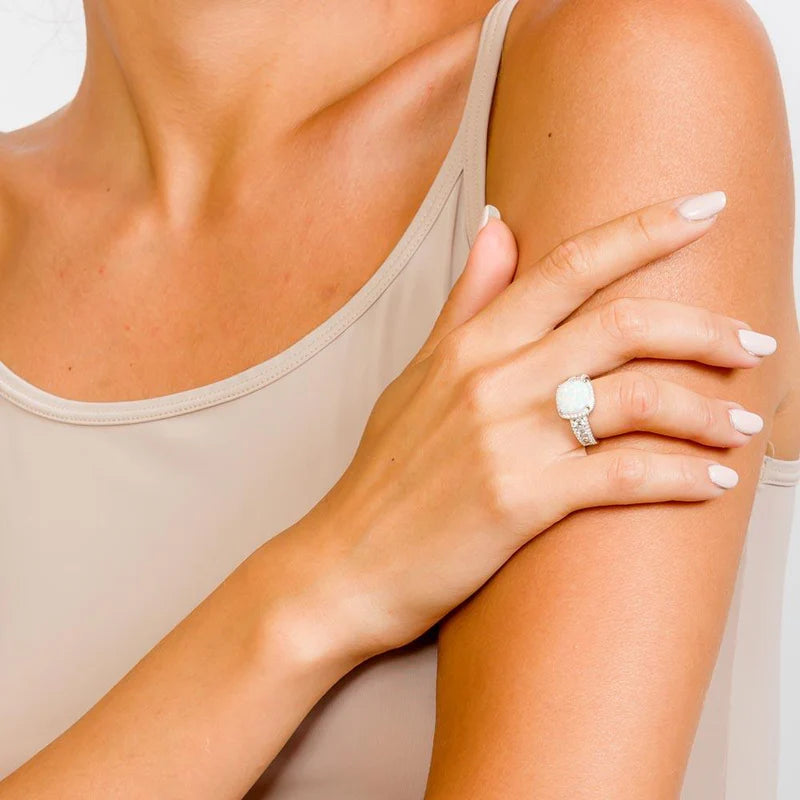 925 Sterling Silver Opal Stone With CZ Ring