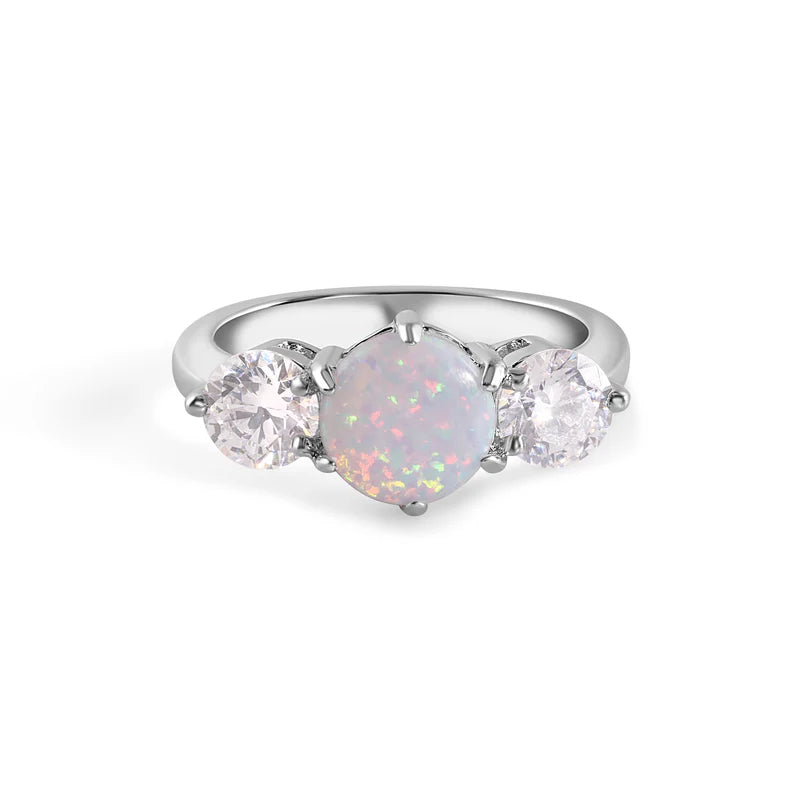 925 Sterling Silver Three Stone Trellis Synthetic Opal and Clear CZ Ring