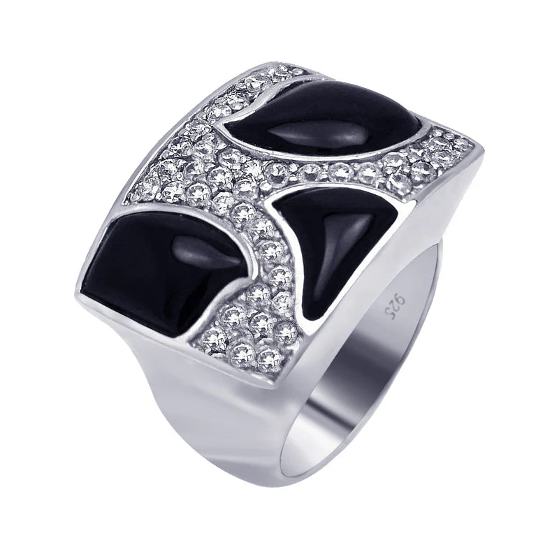 925 Sterling Silver Black Onyx Clear Pave Set CZ Square Ring