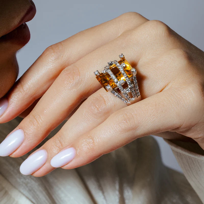 925 Sterling Silver Large Champagne CZ Ring