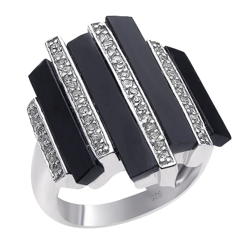 925 Sterling Silver Multiple Onyx Clear CZ Bars Ring