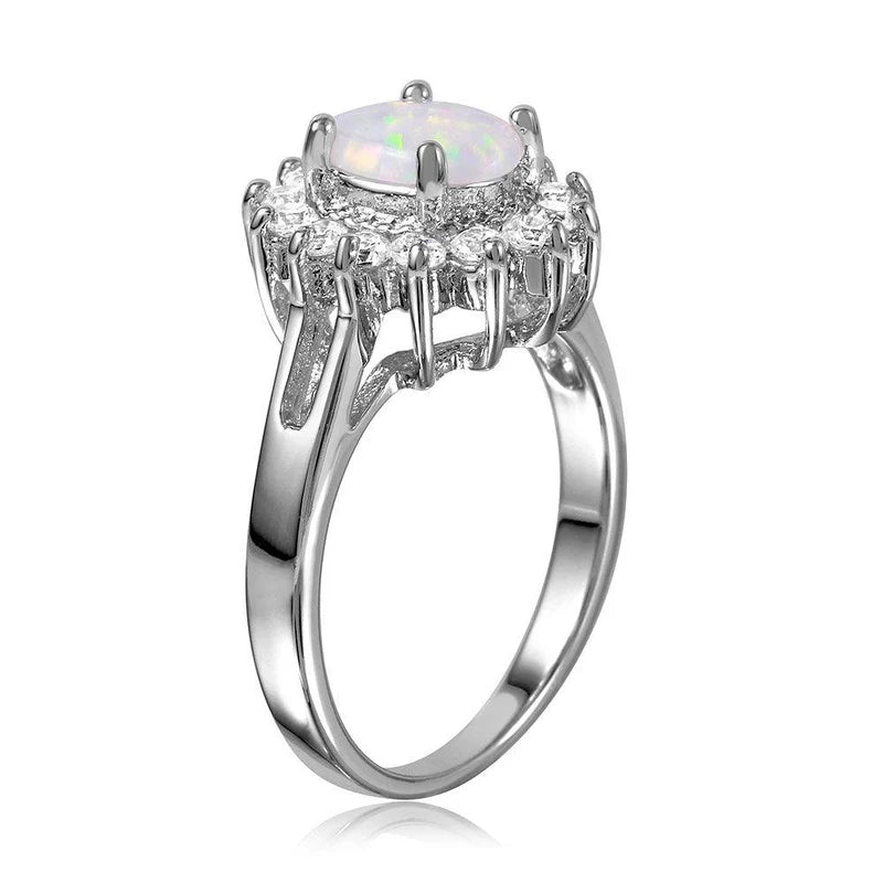 925 Sterling Silver 925 Rhodium Plated Oval Halo Ring with Synthetic Opal Center Stone