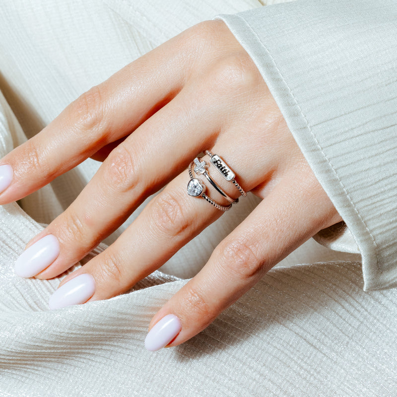 925 Sterling Silver Triple Band Faith Heart Cross Ring with CZ