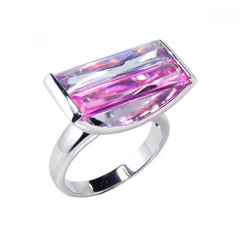 925 Sterling Silver Wide Rectangular Pink CZ Ring
