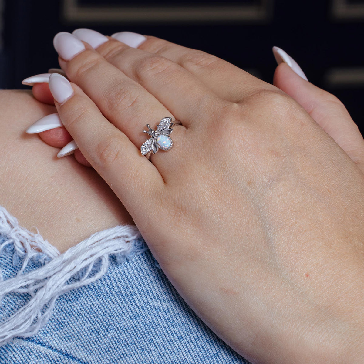 925 Sterling Silver Simulated Opal Bee Ring