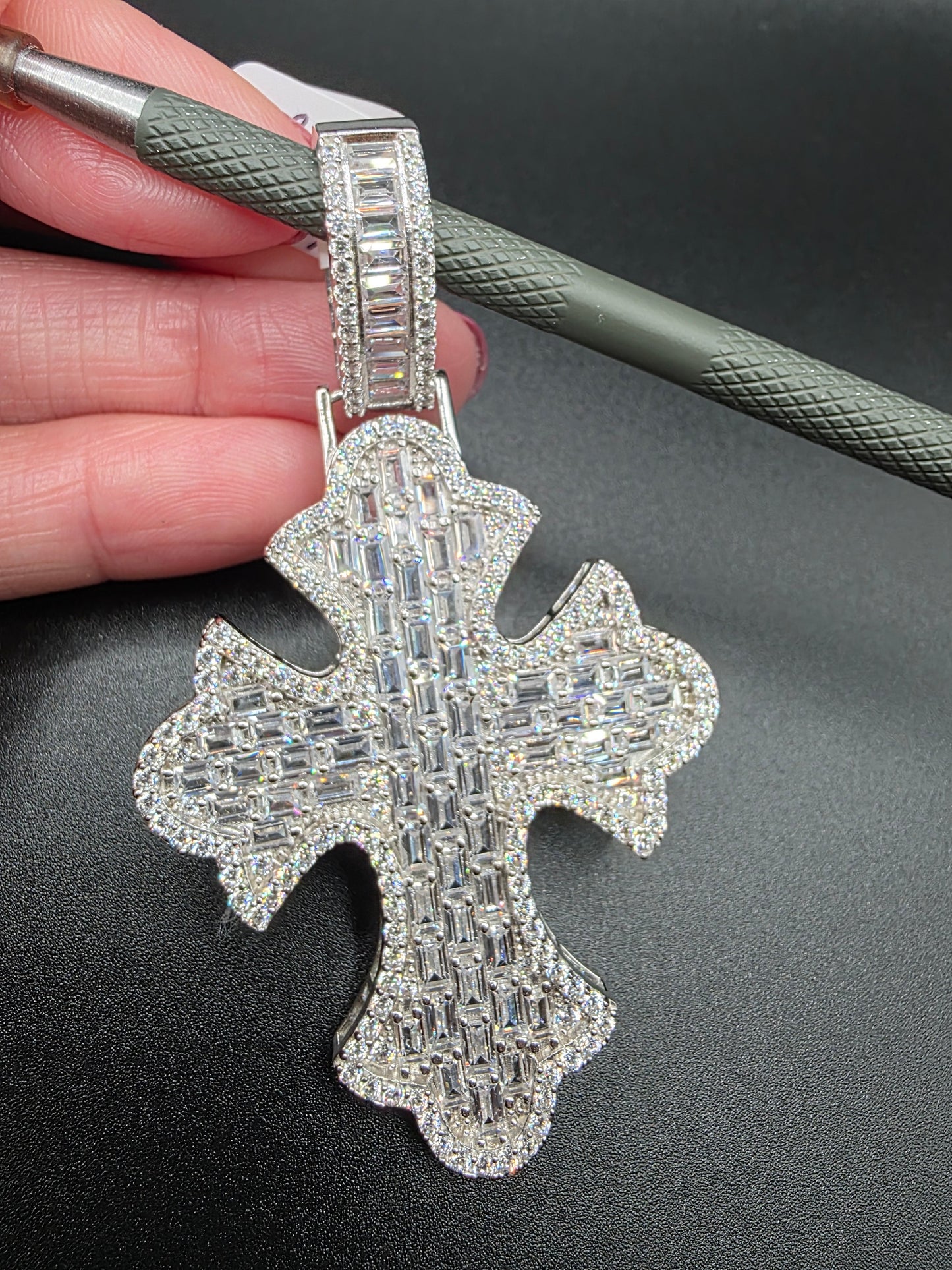 925 Sterling Silver 52.6mm Fleur De Lis Cross Baguette Cut Clear CZ Pendant