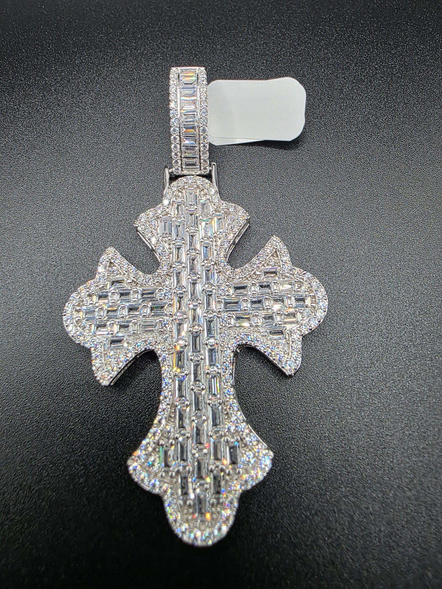 925 Sterling Silver 52.6mm Fleur De Lis Cross Baguette Cut Clear CZ Pendant