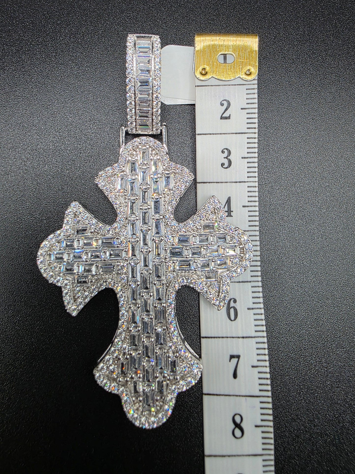 925 Sterling Silver 52.6mm Fleur De Lis Cross Baguette Cut Clear CZ Pendant