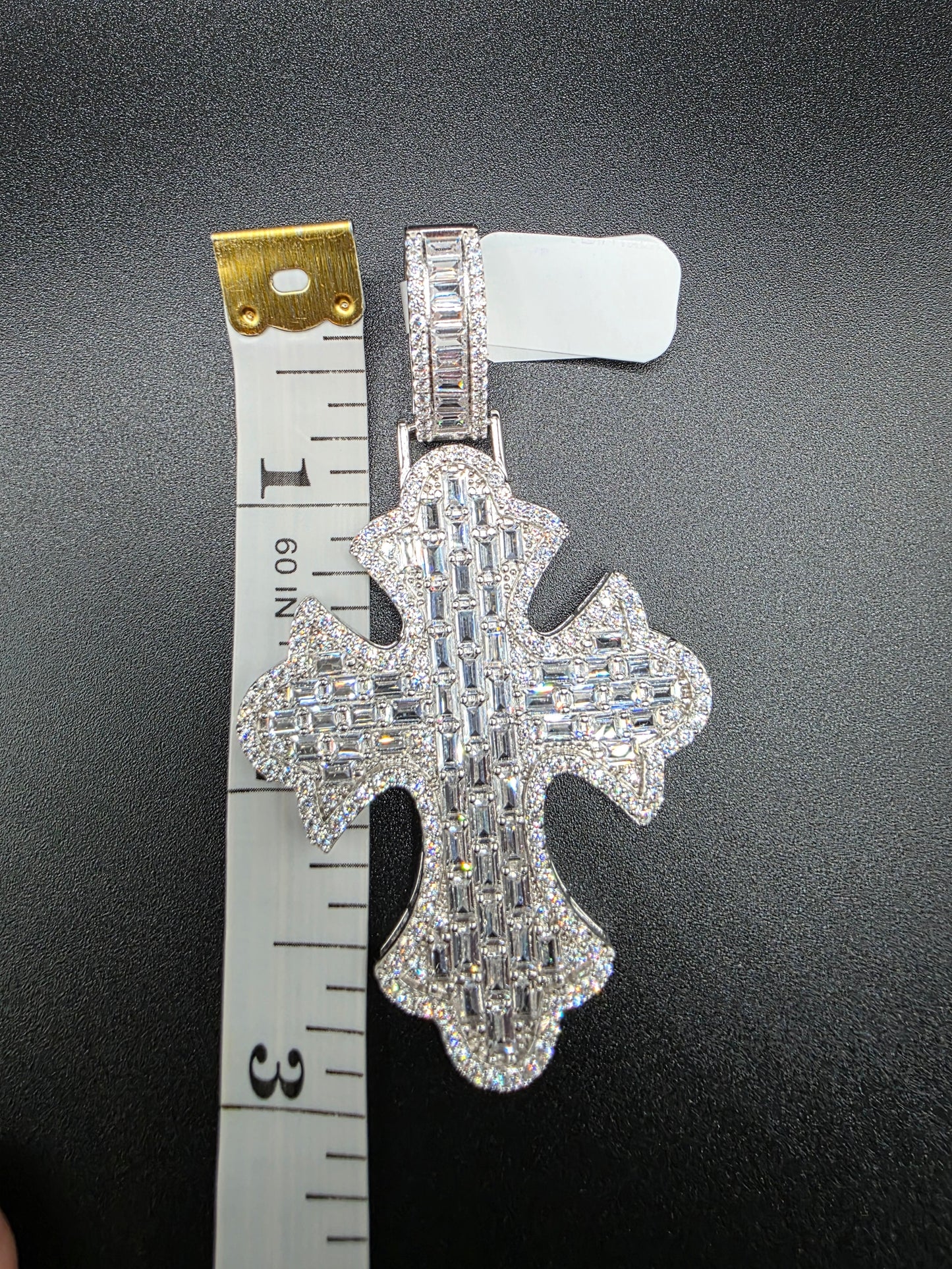 925 Sterling Silver 52.6mm Fleur De Lis Cross Baguette Cut Clear CZ Pendant