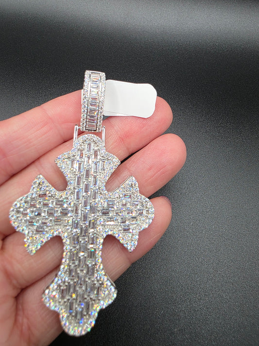925 Sterling Silver 52.6mm Fleur De Lis Cross Baguette Cut Clear CZ Pendant