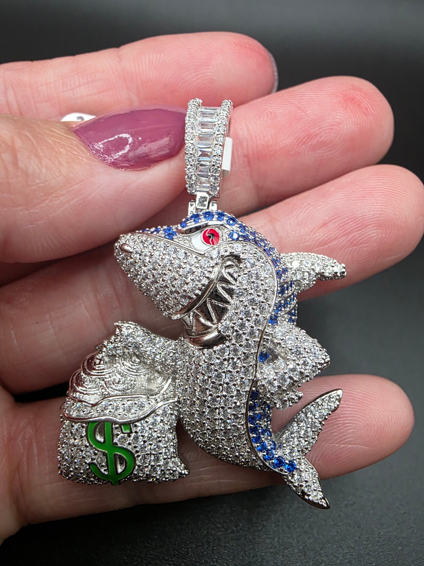 925 Sterling Silver Money Bag Shark Greed Clear and Blue CZ Pendant